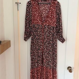 Zara Red and Black Floral Long Sleeve Dress